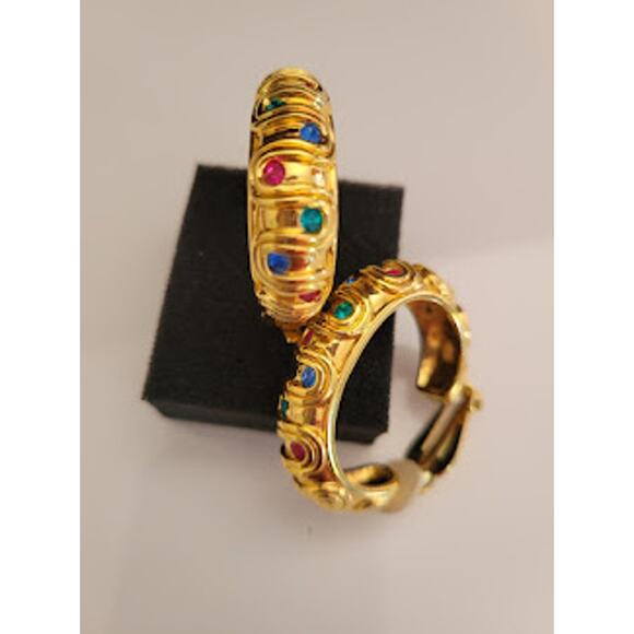 Swarovski Hoop Earrings Gold Plated with Jewel Tone Crystals Clip On Swan Signed - Picture 2 of 9